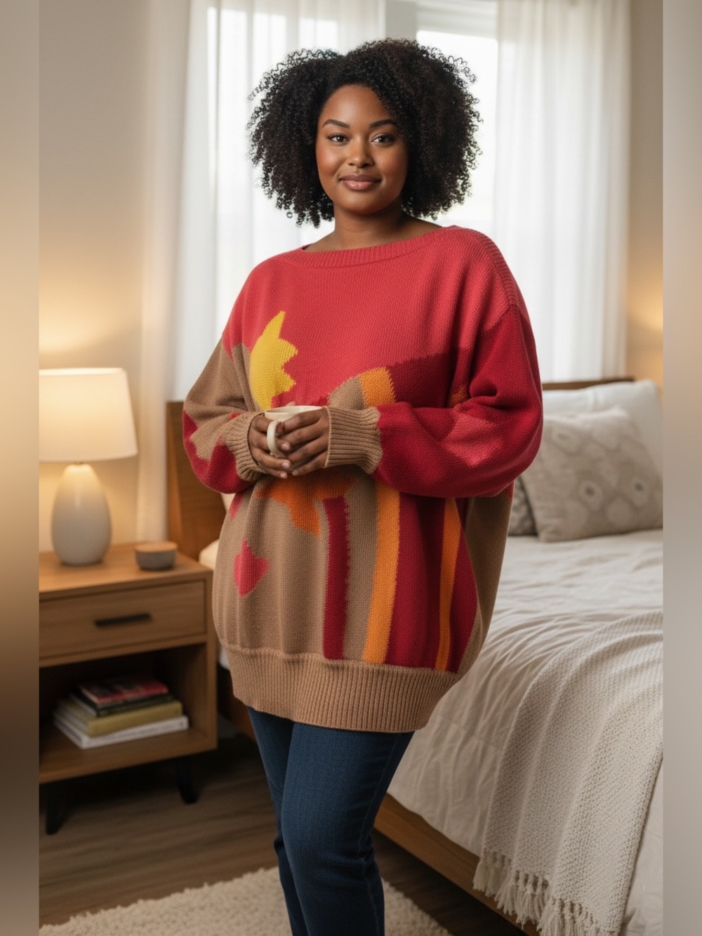 Escada Red, Tan and Orange Colorblock Crewneck Sweater VINTAGE